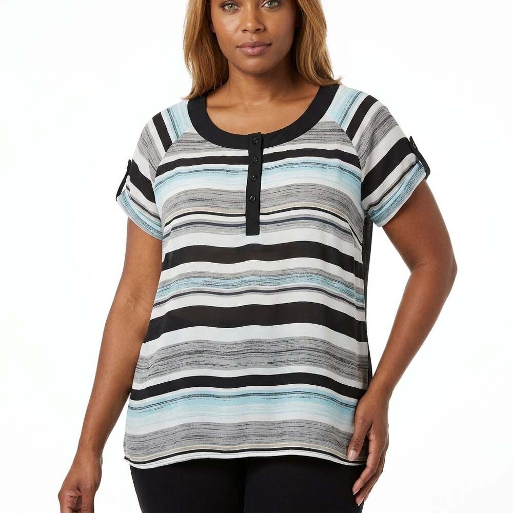 CATO WOMAN Cato Striped Chiffon Short Sleeve Scoop Neck Relaxed Top